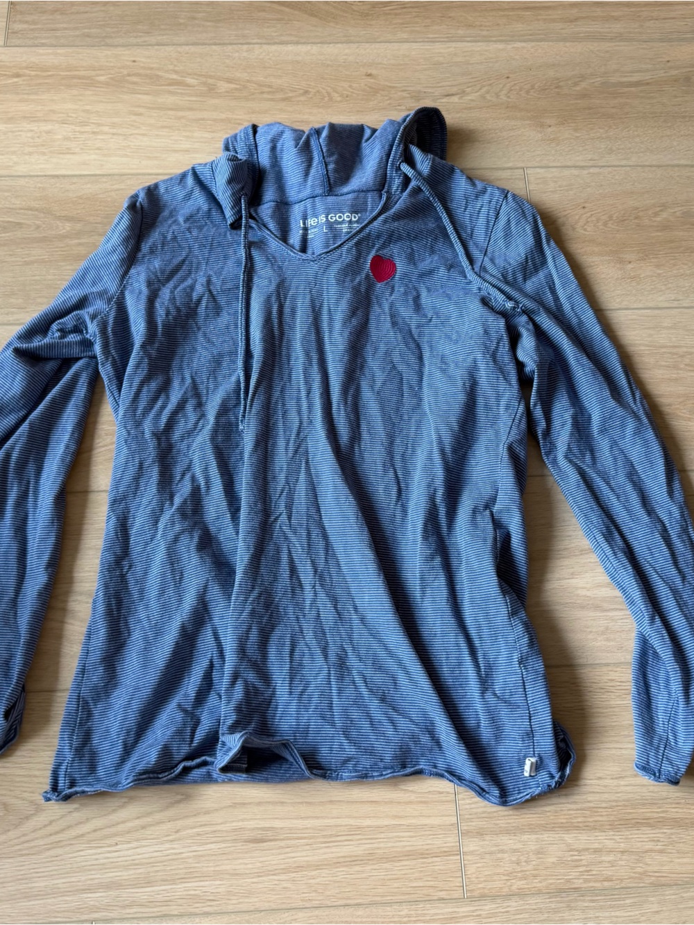 Life Is Good Blue & White Striped Hoodie Shirt with Embroidered Red Heart Patch